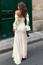 V-Neck Lace Trim Flounce Sleeve Tie Maxi Lace Dress