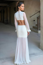 Plunging Mesh Cutout Ruched Waist Maxi Dress