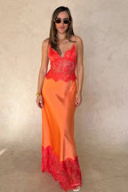 Deep V-Neck Sheer Backless Lace Panel Maxi Dress