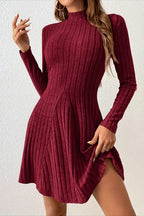 Ribbed Mock Neck Waist Cinched A-Line Work Dress