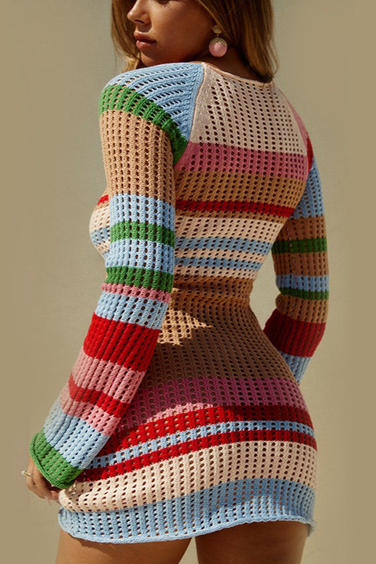 Striped Color-Block U-Neck  Long-Sleeve Knit Sweater Dress Secondary image