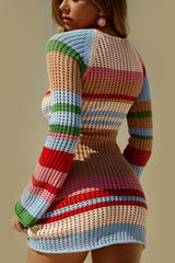 Striped Color-Block U-Neck  Long-Sleeve Knit Sweater Dress