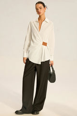 Faux Leather Panel Ruched Collared Slim Versatile Blouse