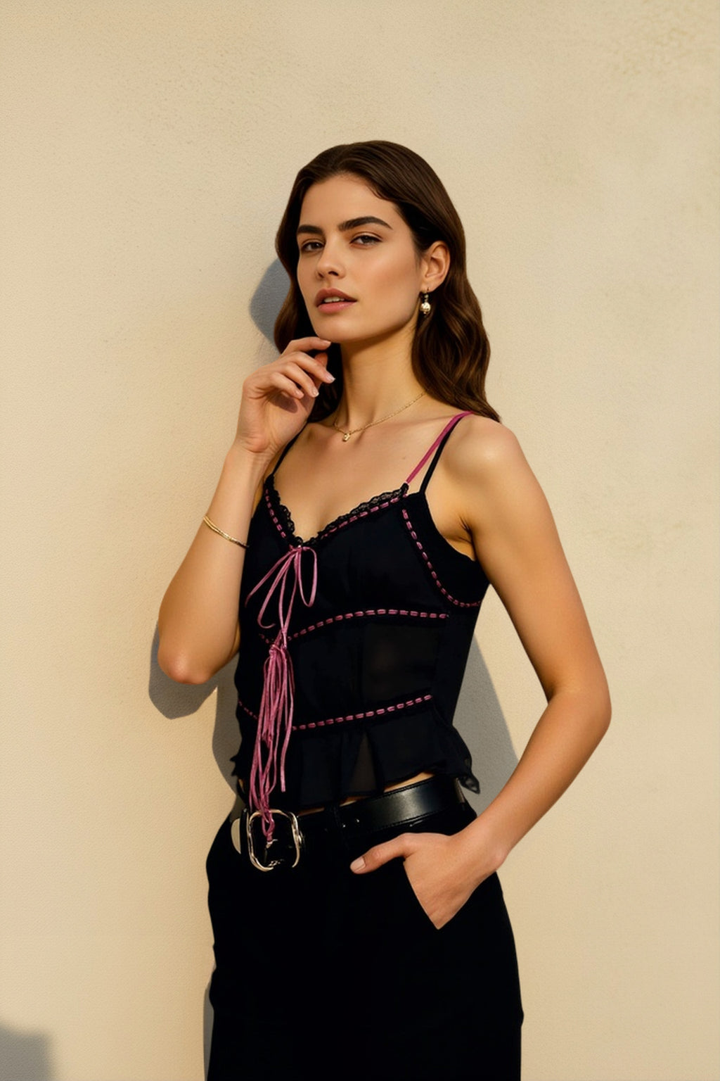 Sheer Mesh Lace Strap V Neck Cami Top