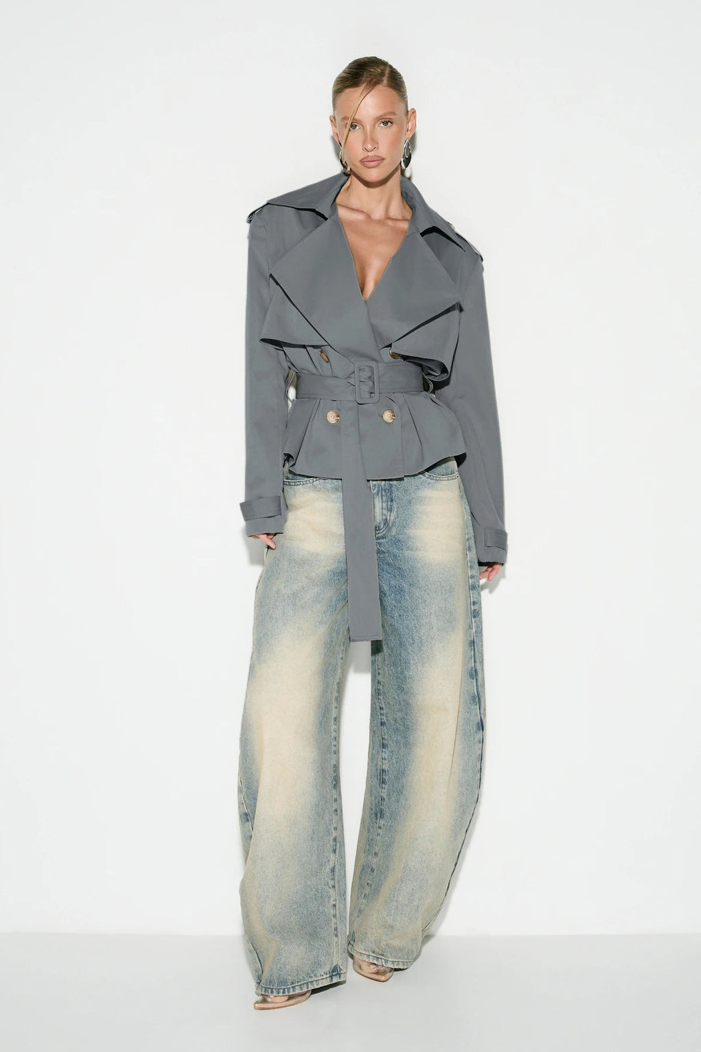 Cape Overlay Belted Cropped Double Breasted Coat