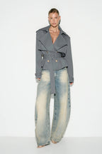 Cape Overlay Belted Cropped Double Breasted Coat