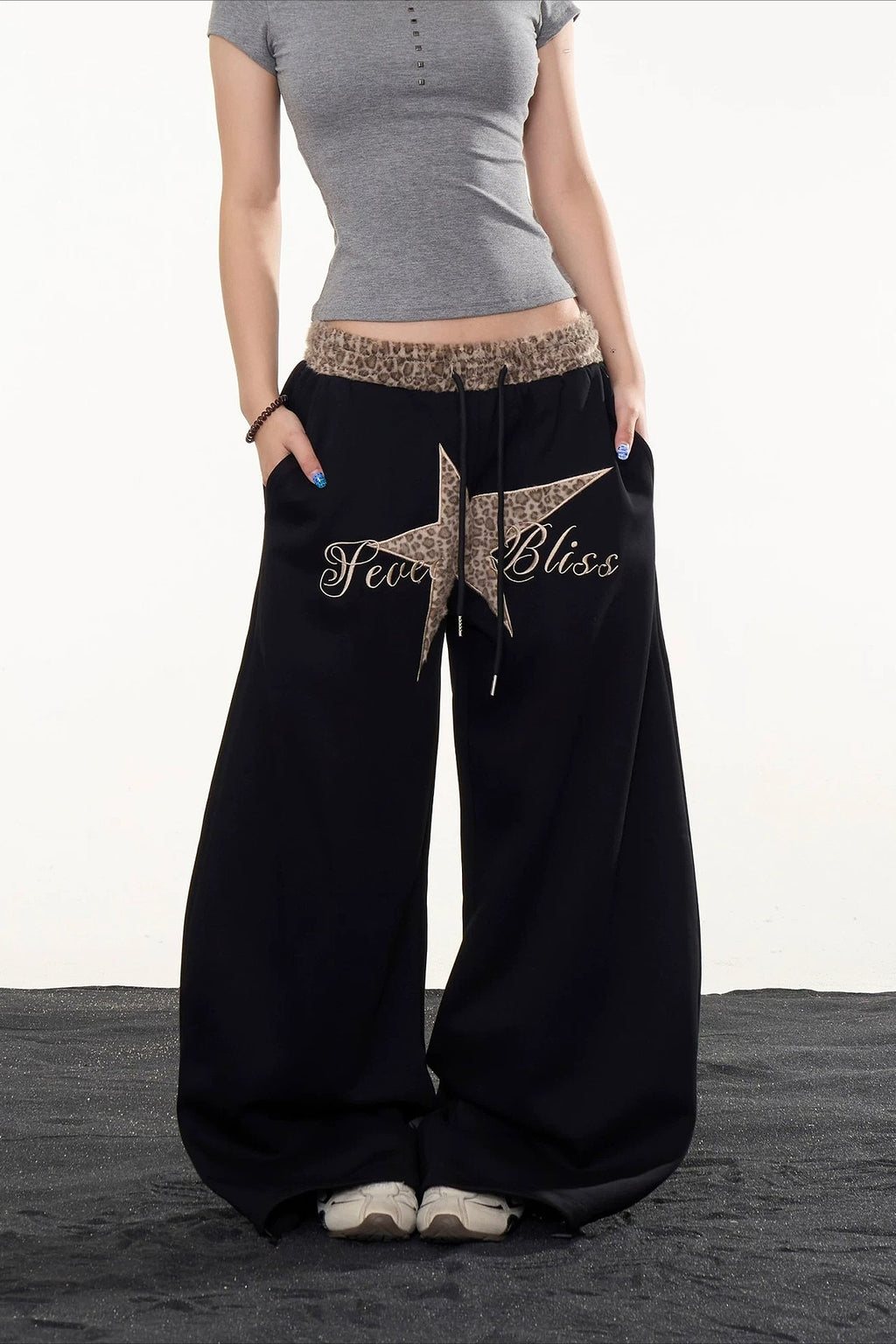 Star Leopard Embroidered Wide Leg Pants