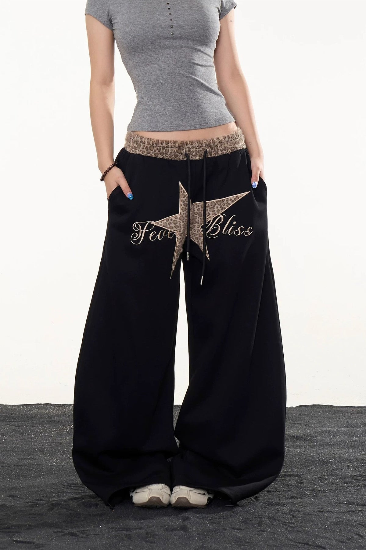 Star Leopard Embroidered Wide Leg Pants