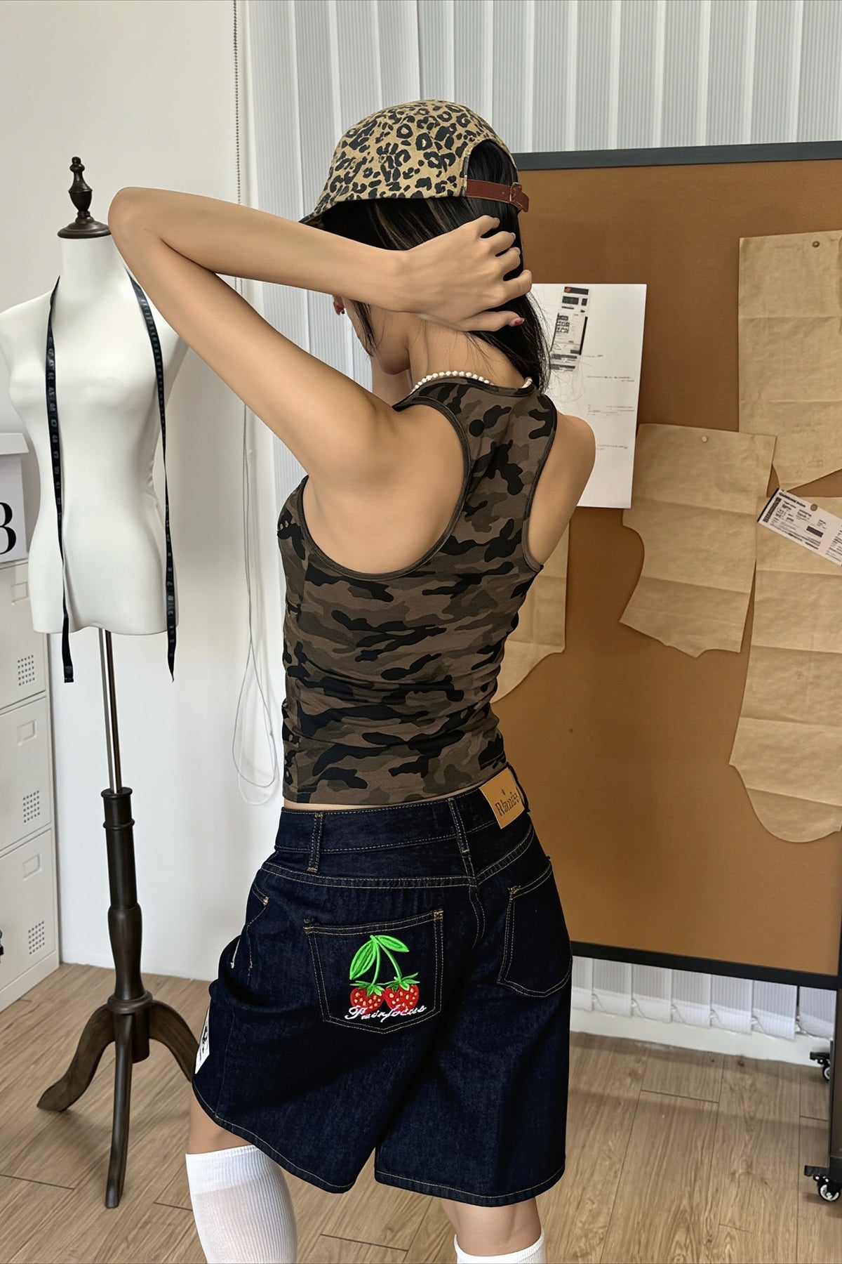 Studded Camouflage Fitted Racerback Tank Top