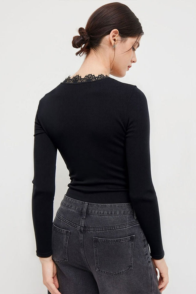 Twist Cutout V Neck Lace Trim Slim Bodysuit