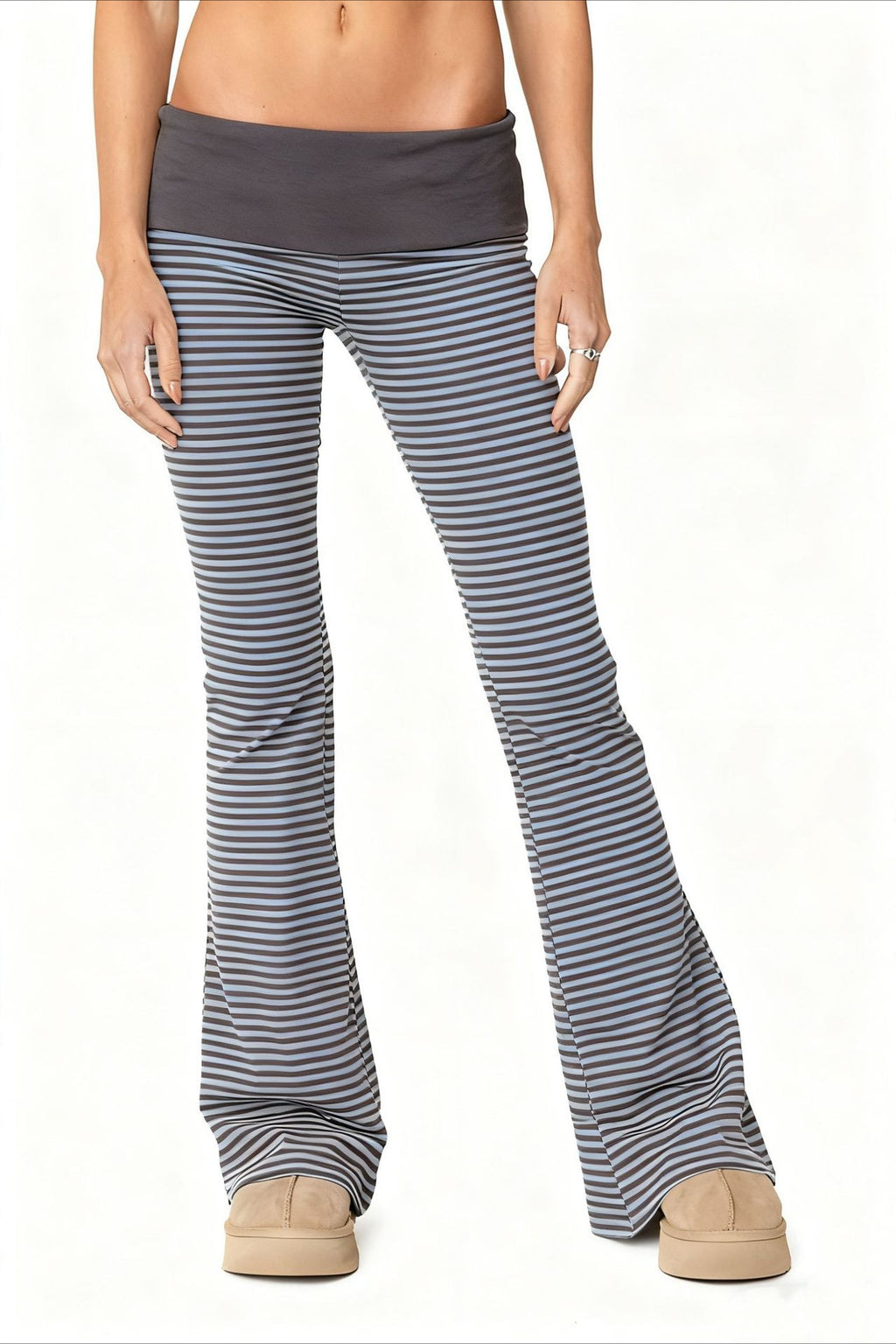 Striped Foldover Waist Flare Leg Pants