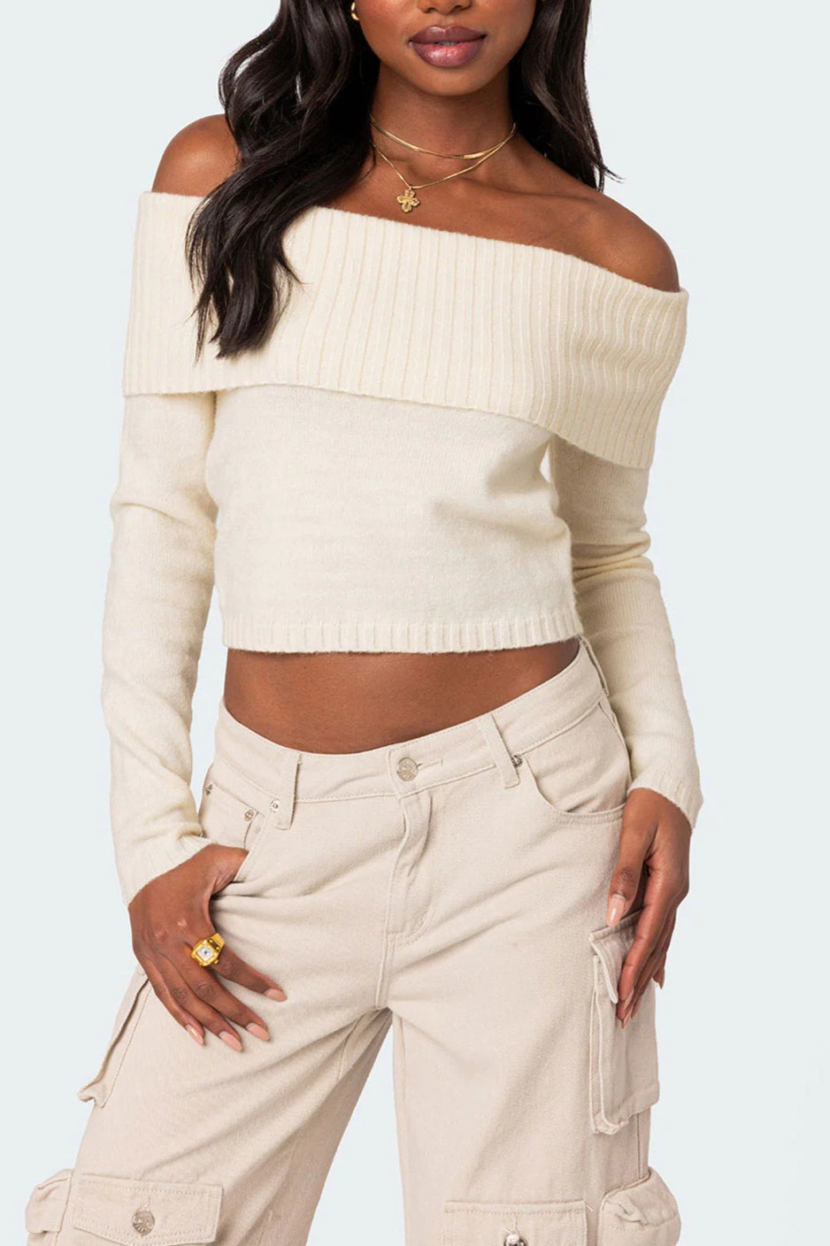 Ribbed Foldover Cropped Knit Top