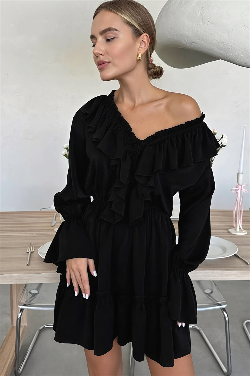 Chiffon V Neck Bell Sleeve Ruffle Mini Dress