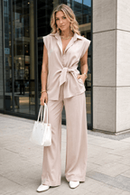 Tie Waist Short Sleeve High Waist Two Piece Work Set