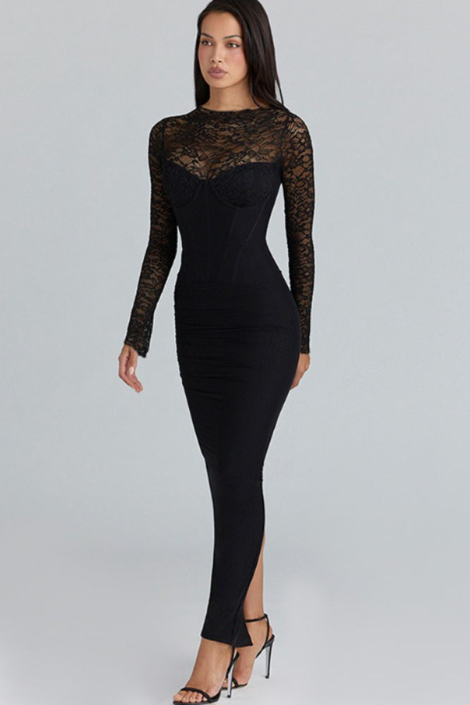 Lace Trim Sheer Mesh Side Slit Fit Floor Lace Dress Secondary image