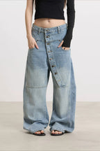 Asymmetric Button Washed Wide Leg Streetwear Jeans