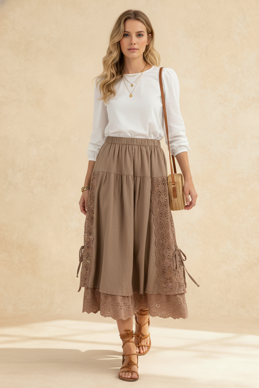 Sweet Japan Style Mori Lace Stitched Linen Skirt Main image