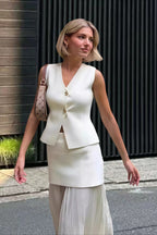 Button Front Two Piece Knit Vest Skirt Set