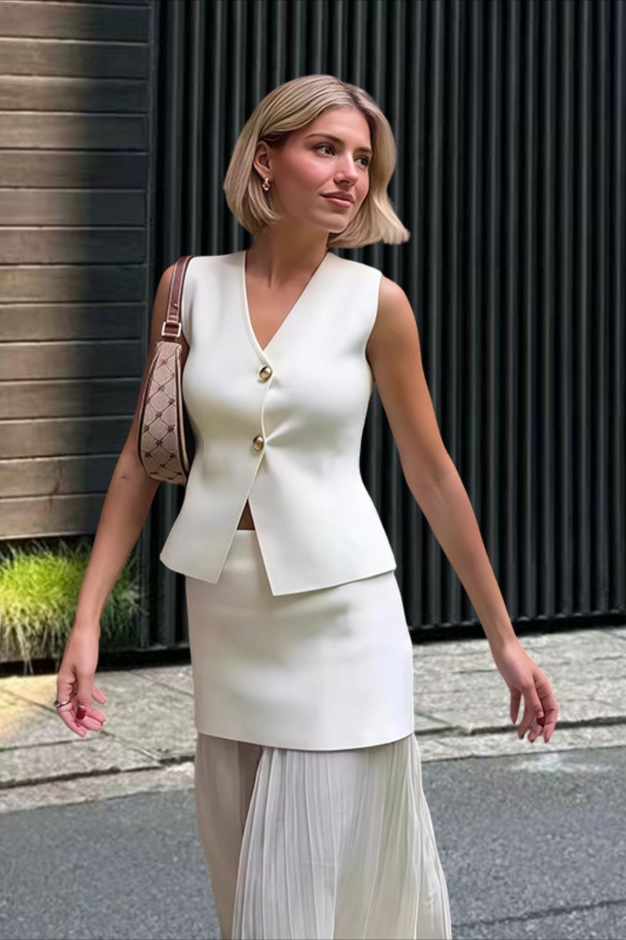 Button Front Two Piece Knit Vest Skirt Set