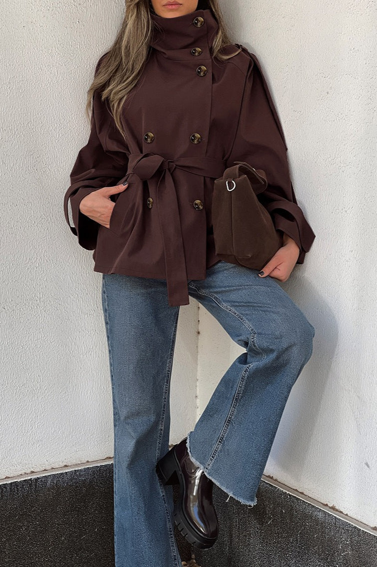 Brown High Collar Double Breasted Belted Coat