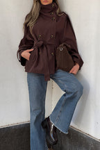 Brown High Collar Double Breasted Belted Coat