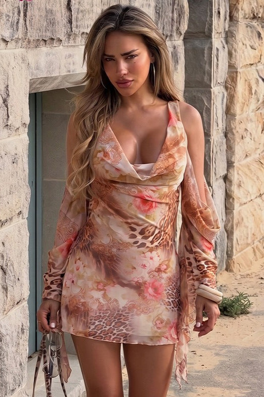Cowl Neck Backless Leopard Mesh Mini Dress