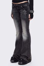 Wing Embroidered Low Rise Flare Leg Jeans