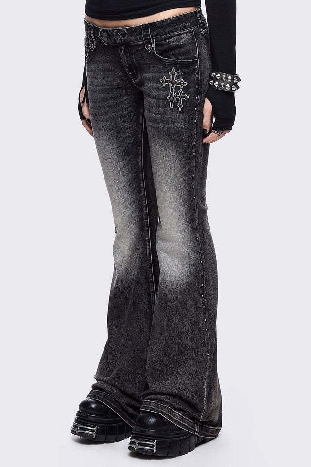 Wing Embroidered Low Rise Flare Leg Jeans