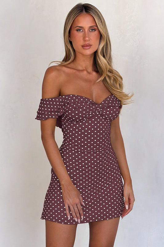 Off Shoulder Polka Dot Twist Bodycon Mini Dress