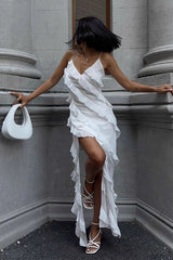 Spliced Ruffled Sling Split Slim Maxi Boho Dress