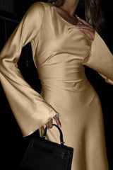 Round Neck Long Sleeve Tie-Waist Silk Dress