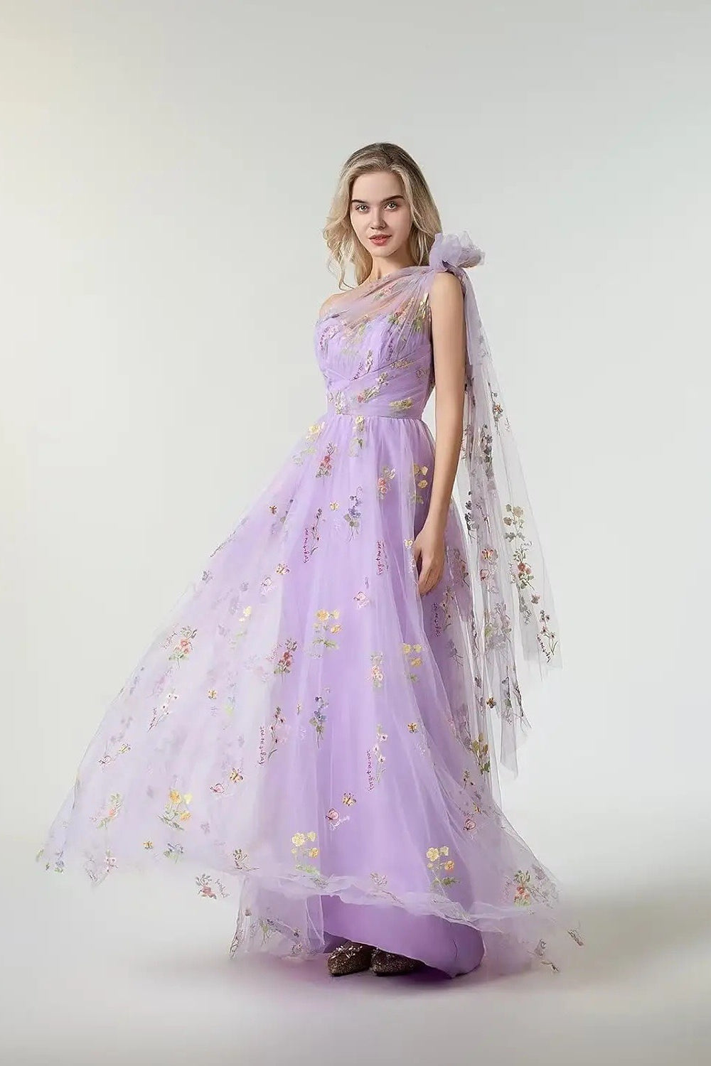 Metallic Gold Purple One Shoulder Maxi Prom Dress Secondary image