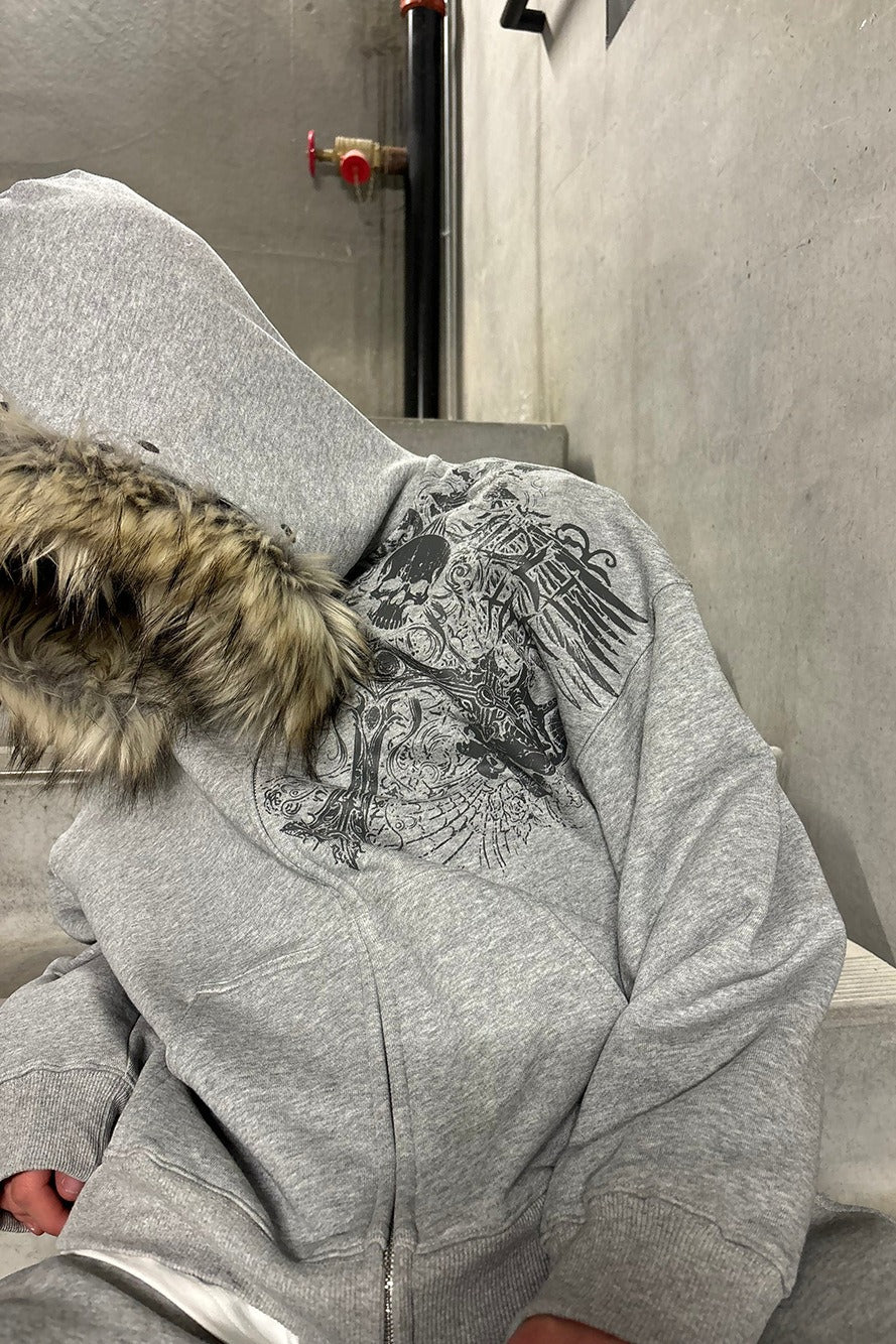 Faux Fur Hood Graphic Oversized Pullover Hoodie Secondary image