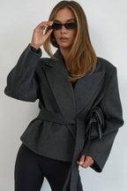 Self Tie Belt Textured Notch Collar Coat