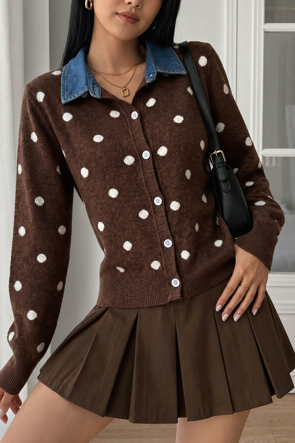 Polka Dot Denim Collar Button Cardigan Sweater