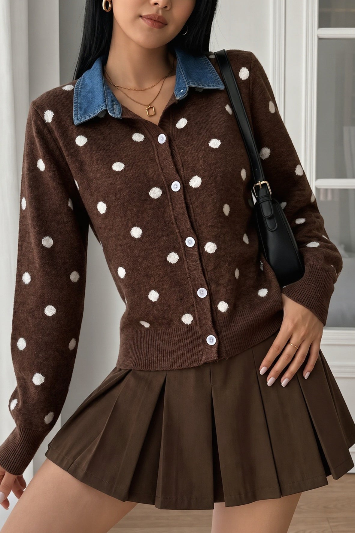 Polka Dot Denim Collar Button Cardigan Sweater