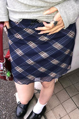 Sheer Mesh Panel Plaid Pencil Skirt