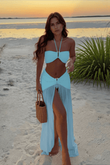 Halter Slit Long Dress Three Piece Swim Set