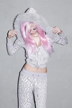 Zebra Print Fur Trim Cropped Hoodie