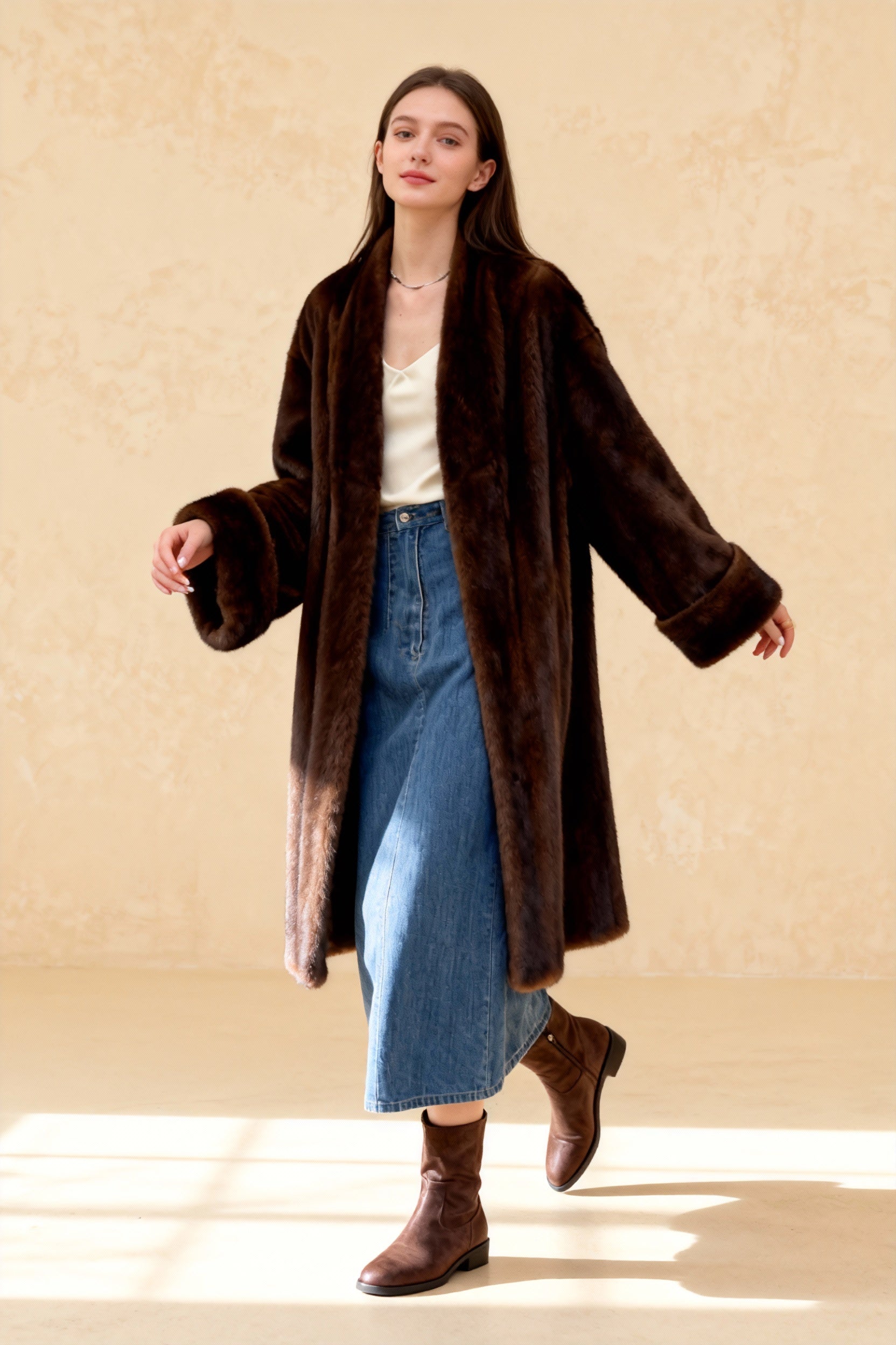 Imitation Mink Lapel Full Sleeve Overcoat Main image