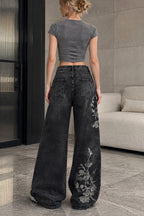 Floral Vine Embroidered Wide Leg Jeans