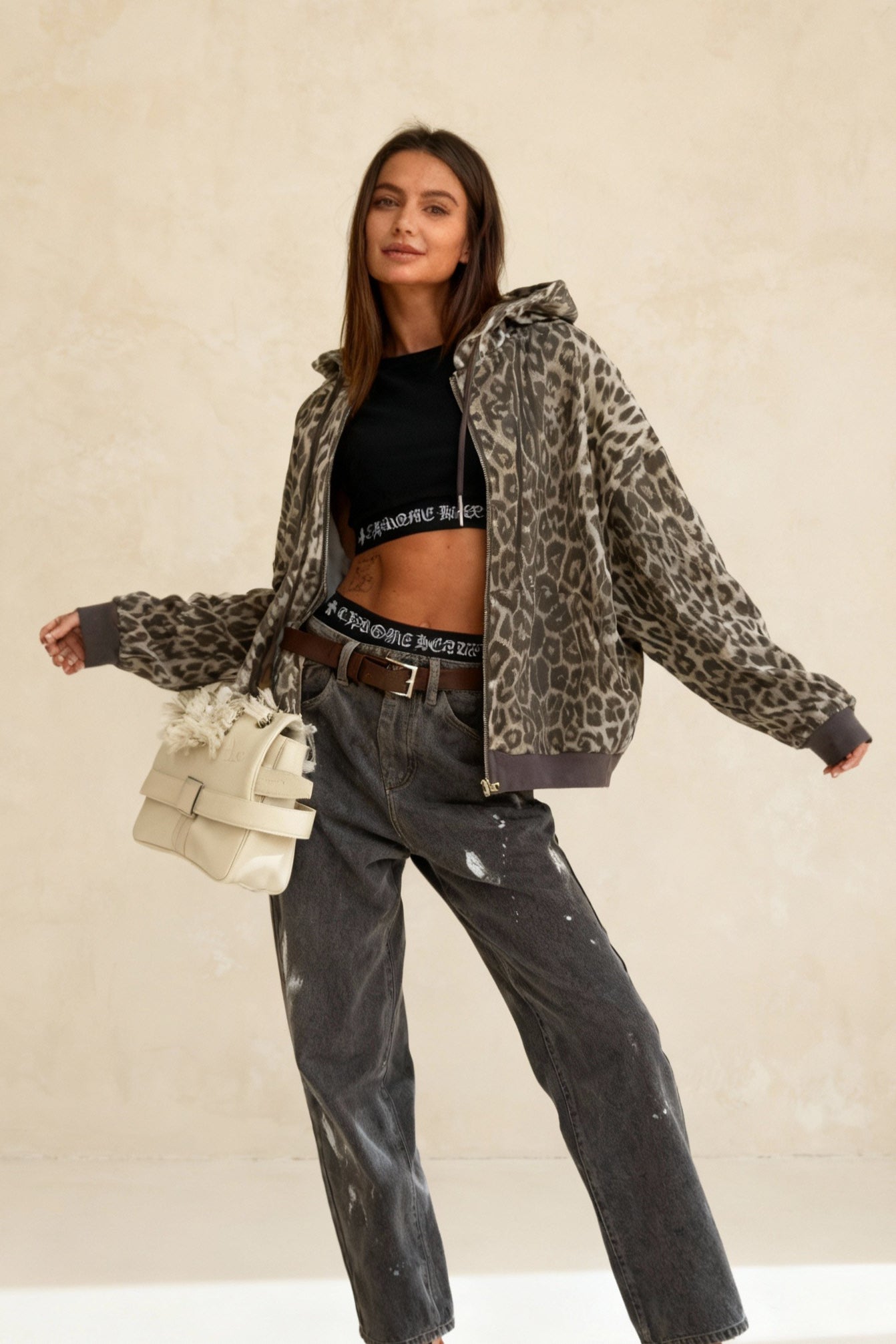 Leopard Print Zip Color-Block Hoodie Secondary image