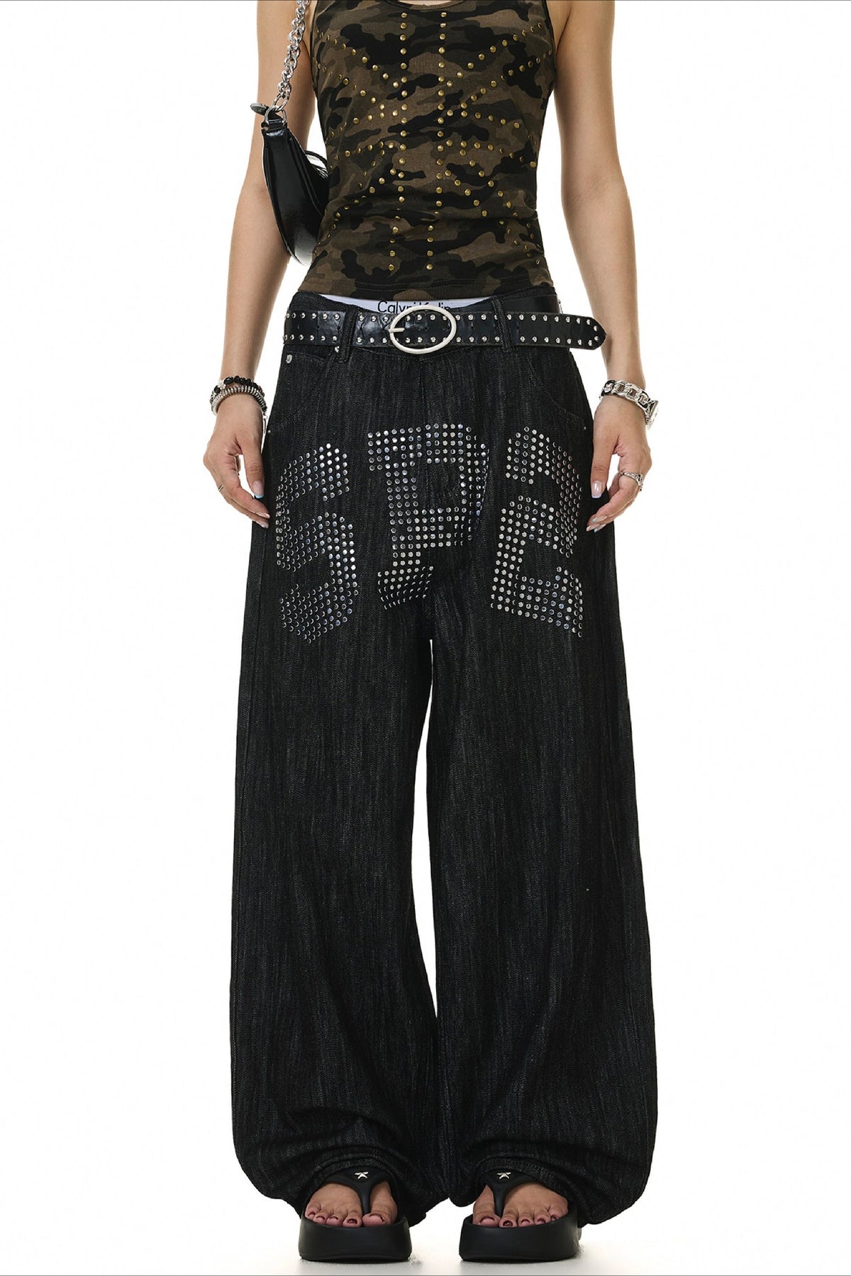 Rhinestone Letter Print Barrel Leg Jeans