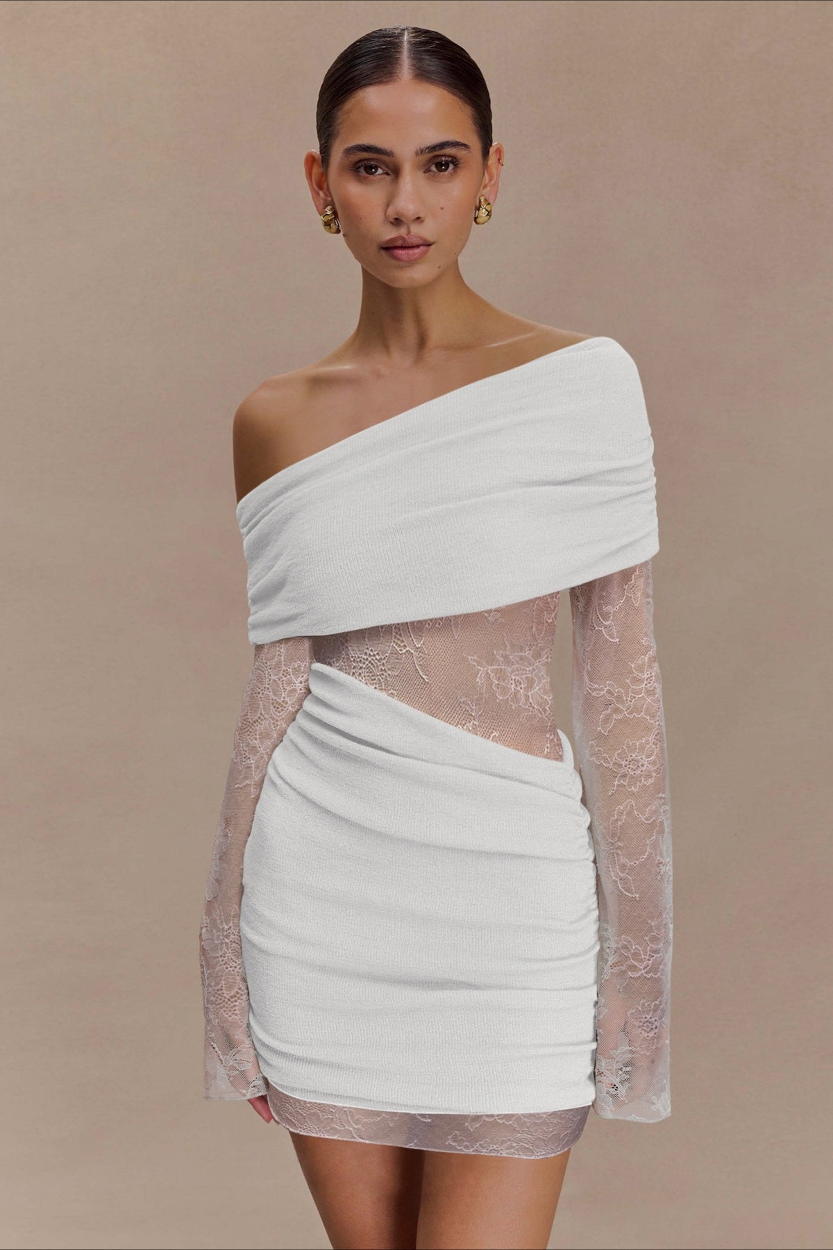Off Shoulder Lace Sleeve Bodycon Mini Party Dress