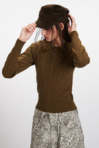 Ribbed Polo Neck Cropped Knit Top