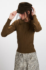 Ribbed Polo Neck Cropped Knit Top