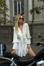 Chiffon V Neck Bell Sleeve Ruffle Mini Dress
