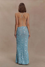 Sequin Open Back Camisole Fitted Maxi Party Dress