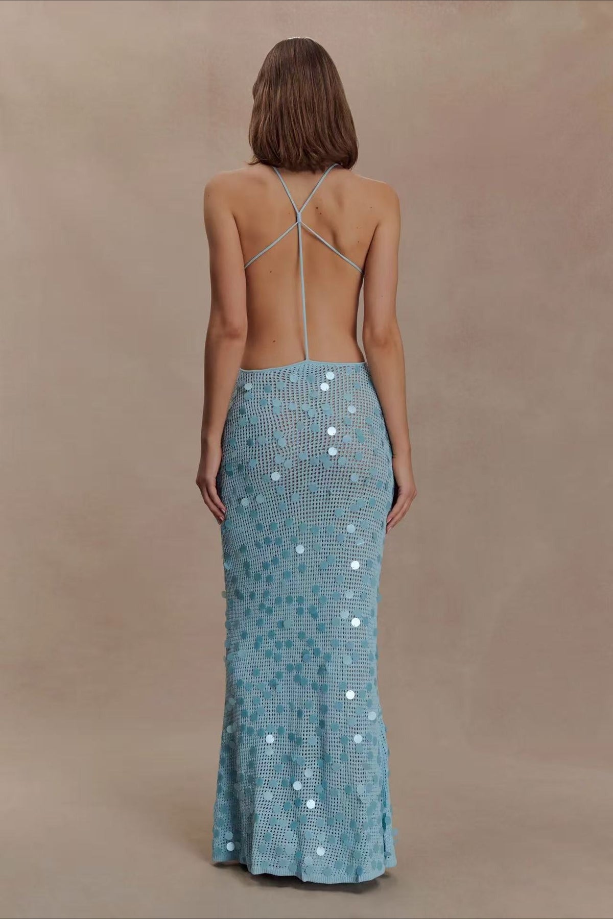 Sequin Open Back Camisole Fitted Maxi Party Dress