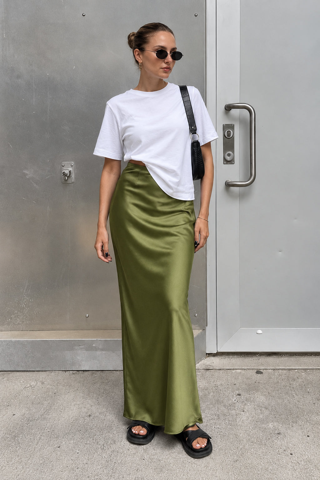 Fashion Elegant Satin Solid Black High Waist Long Skirt
